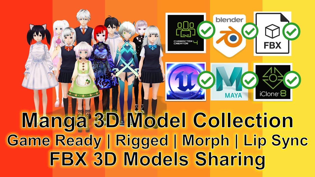 Manga 3D Models Collection | FBX | Game Ready | Rigged | Facial | Lip Sync | Blender | iClone | CC4