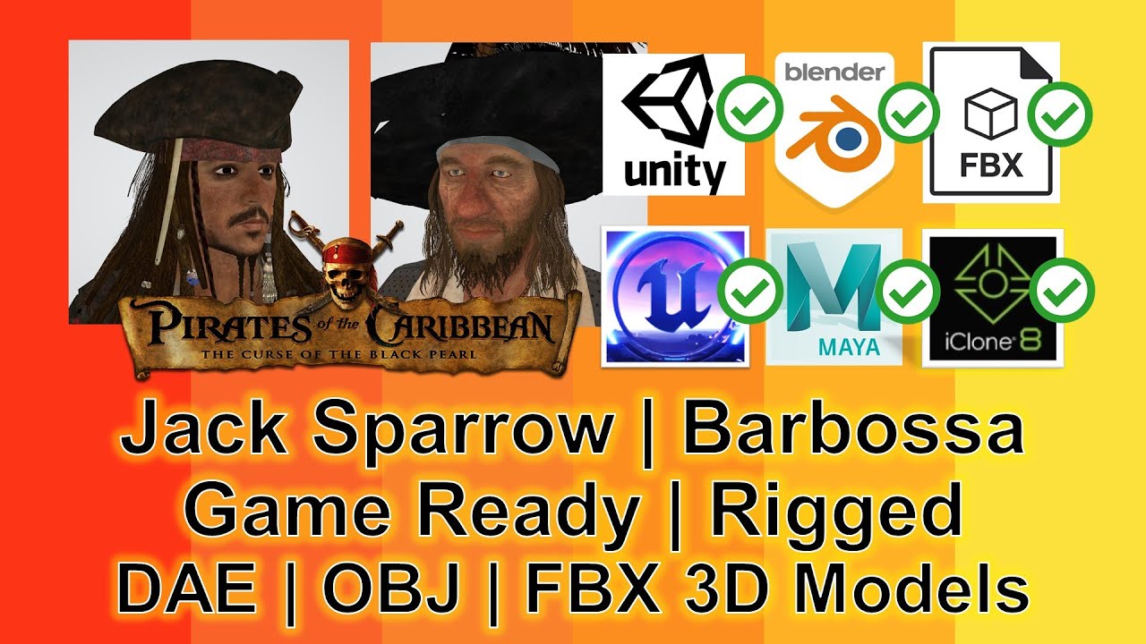 Pirates of the Caribbean 3D Models | Jack Sparrow | Barbossa | FBX | Rigged | Game Ready | Blender